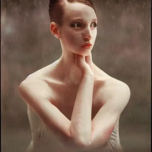 Image similar to portrait of a ballerina with a beautiful porcelain face, rain, cinematic light and reflections, beautiful dreamy lighting, photographed by annie leibovitz,