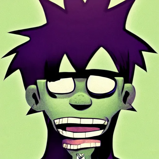 Prompt: 2 d gorillaz, a man with messy blue hair and no eyes, portrait, gorillaz style, jamie hewlett, neutral expression