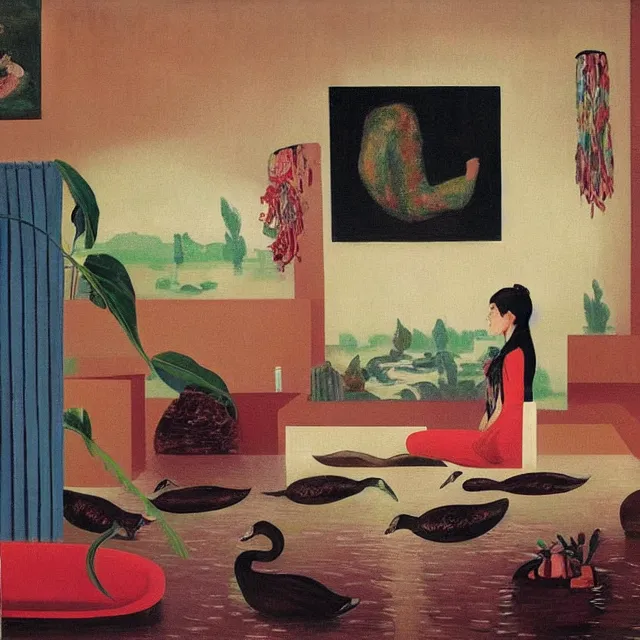 Image similar to female emo art student in her lounge room, painting of flood waters inside an artist's loungeroom, a river flooding indoors, pomegranates, pigs, ikebana, water, octopus, river, rapids, waterfall, black swans, canoe, berries, acrylic on canvas, surrealist, by magritte and monet