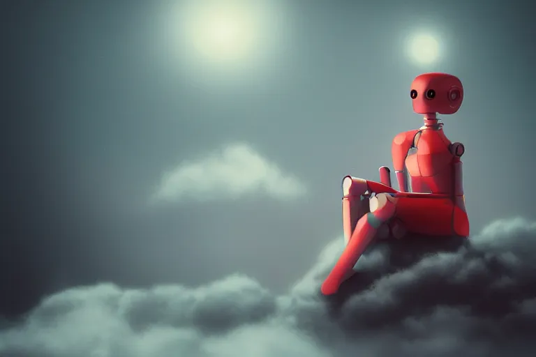 Prompt: a cute robot girl sitting on a cloud relaxing, misty, digital art, hazy, foggy, red lighting, ambient lighting, 8 k,