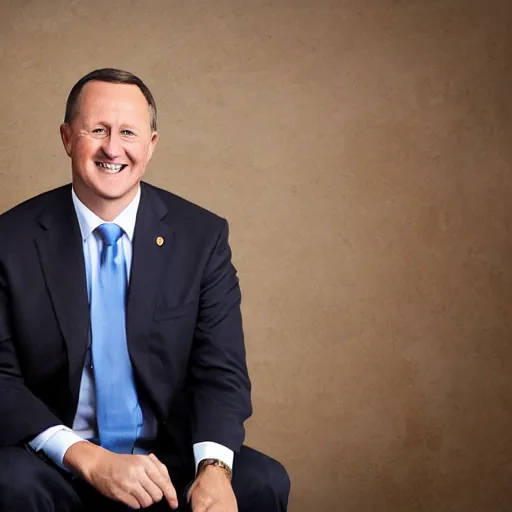 Image similar to a beautiful studio photo portrait of john key, happy and smiling