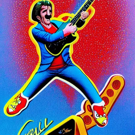 Image similar to Barry Chuckle Shredding on an electric guitar in the style of Jean Giraud