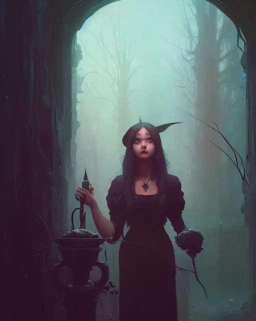 Image similar to highly detailed vfx portrait of a witch, unreal engine, greg rutkowski, loish, rhads, beeple, makoto shinkai and lois van baarle, ilya kuvshinov, rossdraws, tom bagshaw, alphonse mucha, global illumination, detailed and intricate environment