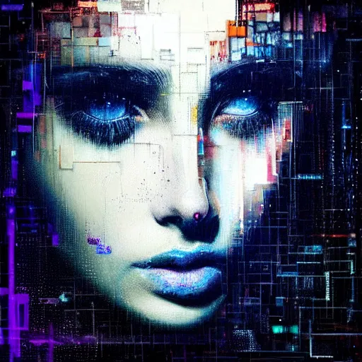 Prompt: hyperrealistic portrait of a young women with shining crystal eyes, by Guy Denning, by Johannes Itten, by Russ Mills, glitch art, hacking effects, digital tech effects, cyberpunk, color blocking!, oil on canvas, intricate detail, concept art, abstract, detailed lines, clean, polished, symmetrical eyes, symmetrical, octane, cgsociety, 8k, trending on artstation