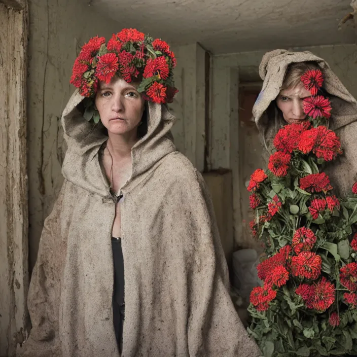 Image similar to a woman wearing a hooded cloak made of zinnias and barbed wire, in a derelict house, by Mario Testino, natural light, detailed face, CANON Eos C300, ƒ1.8, 35mm, 8K, medium-format print