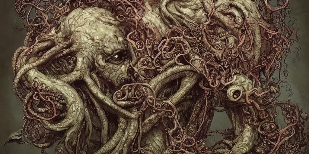 Image similar to centered horrifying detailed side view profile portrait of a insane, crazed, mad old bald zombie, cthulhu, eldritch abomination, dunwitch horror, ornate tentacles growing around, ornamentation, thorns, vines, tentacles, elegant, beautifully soft lit, full frame, 8 k by wayne barlowe, peter mohrbacher, kelly mckernan, h r giger