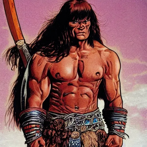 Prompt: Conan the barbarian in the style of Moebius