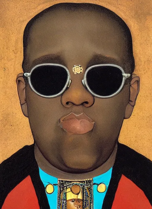 Prompt: portrait of biggie smalls wearing sunglasses in the style of Hans Memling, black and blue