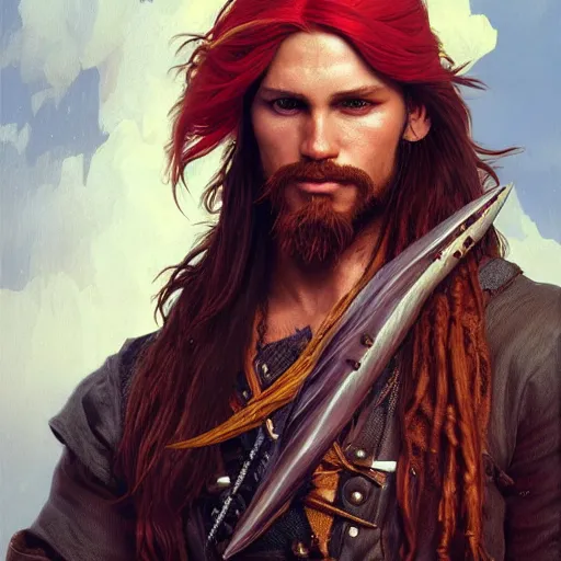 Prompt: portrait of a young pirate, male, rugged, masculine, handsome, upper body, red hair, long hair, D&D, fantasy, intricate, elegant, highly detailed, cinematic lighting, digital painting, artstation, concept art, cutscene, sharp focus, illustration, art by Artgerm and Greg Rutkowski and Alphonse Mucha