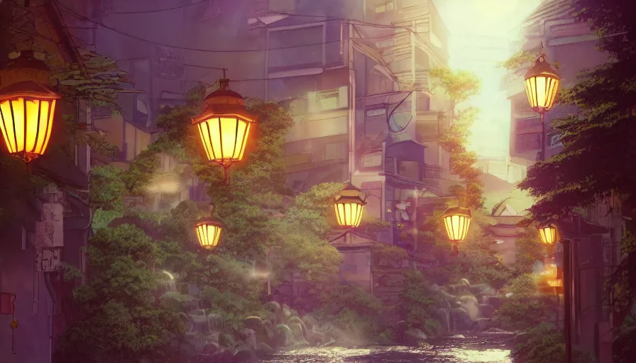 Image similar to A film still from a 1990s Sailor Moon cartoon tv show featuring a moody street in Japan with a waterfall and lanterns, lofi aesthetic, magical, golden hour, cinematic look, film grain, high detail, high resolution, 8k