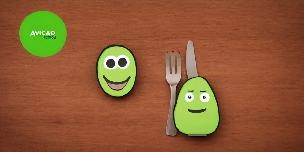 Image similar to cute little smiling avocado robot with cute eyes and forks instead of arms, logo style