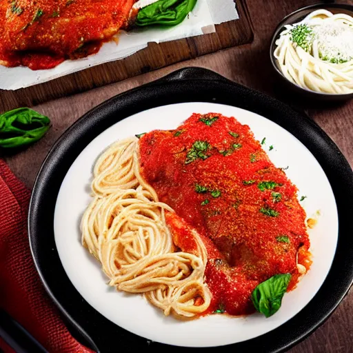 Image similar to chicken parmesan, 4k. photorealistic, awesome,