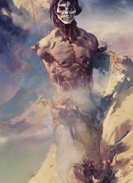 Prompt: a portrait of a male character who has the broken nose of a skull in a scenic environment by Ross Tran and by Jesper Ejsing and by Mikalojus Konstantinas Ciurlionis