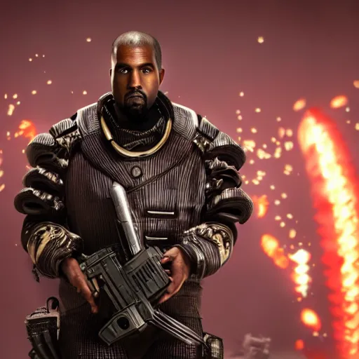 Image similar to Portrait of Kanye West as willy wonka in gears of war, splash art, movie still, cinematic lighting, dramatic, octane render, long lens, shallow depth of field, bokeh, anamorphic lens flare, 8k, hyper detailed, 35mm film grain