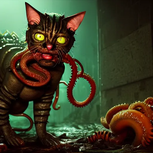 Prompt: a sewer cat transformed into an indescribable horror with tentacles, covered breasts, fangs and slime, volumetric lighting, beautiful, golden hour, sharp focus, ultra detailed, cgsociety by leesha hannigan, ross tran, thierry doizon, kai carpenter, ignacio fernandez rios, noir photorealism, film
