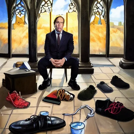 Prompt: Saul Goodman surrounded by feet, painting, gothic