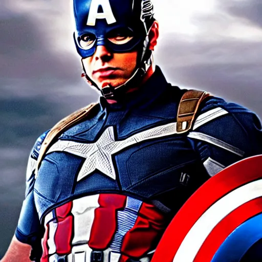 Image similar to Donald Trump as Captain America, epic, movie still, photorealistic, cinematic, 8k,