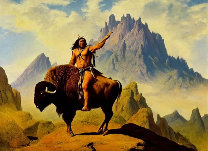 Image similar to beautiful native american riding bison, buffalo, powerful native american warrior, mountain range, beautiful sky, standing on the edge of a cliff, nineteenth century, painted by frazetta