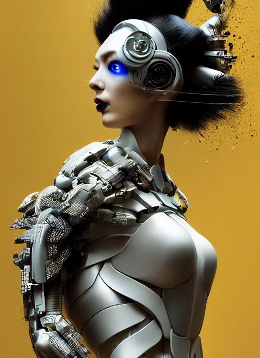 Image similar to portrait of a futuristic geisha cyborg walking in a digital storm with lens flairs, in the style of ghost in the shell, kintsugi, modern fine art, fractal, intricate, elegant, highly detailed, digital photography, subsurface scattering, by erwin olaf and greg rutkowski,