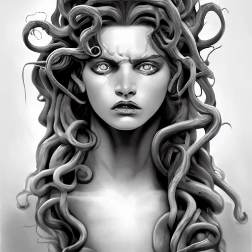 Image similar to medusa portrait marble, black and white, wicked smile, artstation, detailed, blurred background