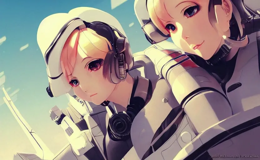 Image similar to pilot girl in her airplane, cyborg parts, anime style, occlusion shadow, specular reflection, rim light, unreal engine, range murata, artstation, pinterest, art by hiroaki samura and ilya kuvshinov and rossdraws, intricate, highly detailed 8 k, art deco illustration, extremely beautiful shape of face, neck, shoulders eyes