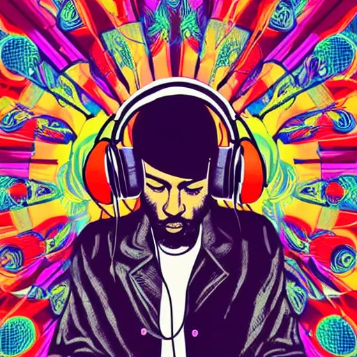 Image similar to artgerm, psychedelic ben harper, rocking out, headphones dj rave, digital artwork, r. crumb, svg vector