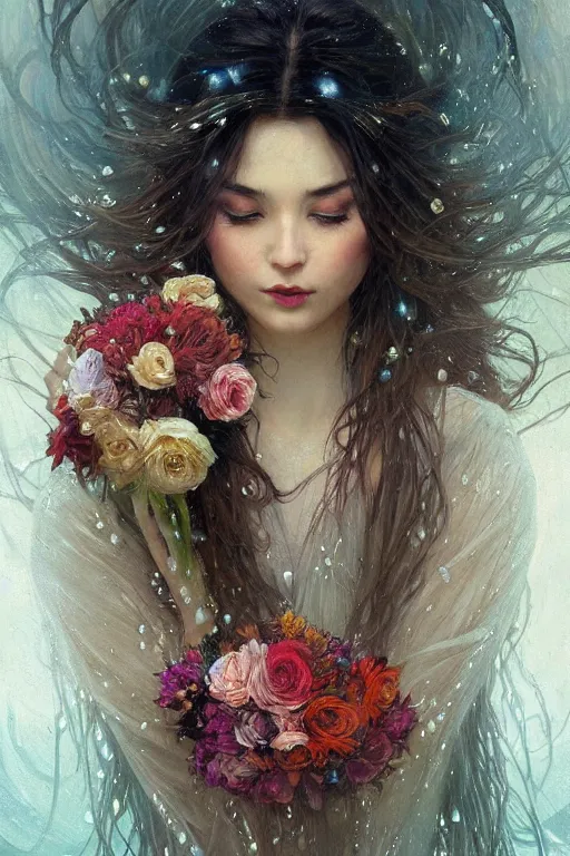 Image similar to portrait of a beautiful mysterious woman holding a bouquet of flowing flowers, wet dripping long hair, hands hidden under the bouquet, emerging from the water, fantasy, regal, intricate, by stanley artgerm lau, greg rutkowski, thomas kindkade, alphonse mucha, loish, norman rockwell