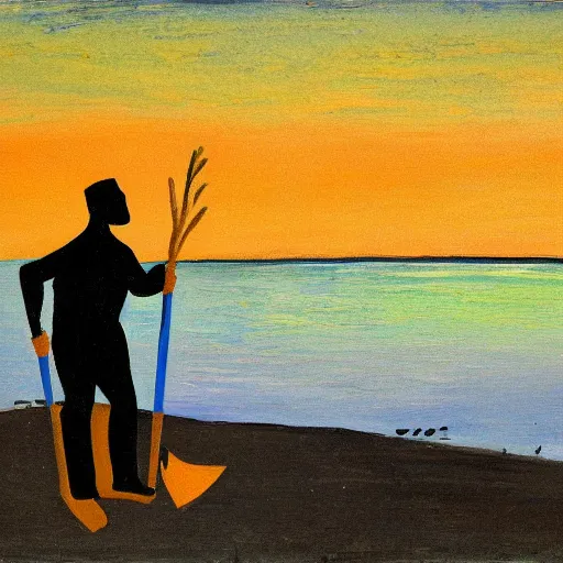 Prompt: a fauvist painting of a man deep in a hole on the beach, with a shovel, after sunset,