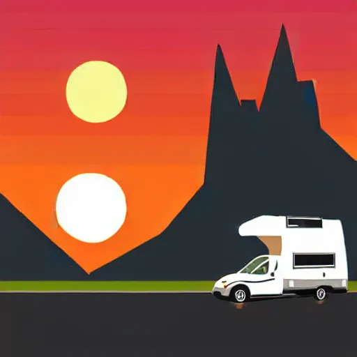 Prompt: minimal professional vector art featuring a white and black cute thor chateau! motorhome camper!!, highway, mountains and sunset!!, very happy, professional colorful simple vector art