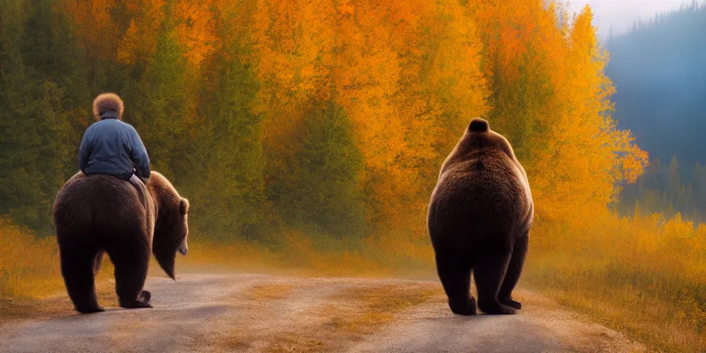 Image similar to back of bob ross riding on the back of brown bear in alaska at fall season, outdoor lighting, realistic, photo, national geographic photo, volumetric, fog