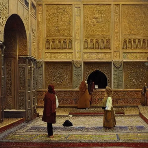 Prompt: A Beautiful View of the Sultan's Grand Monument to the Opulent Caliphate, painting by Osman Hamdy Bey, Orientalism, Hyperrealism