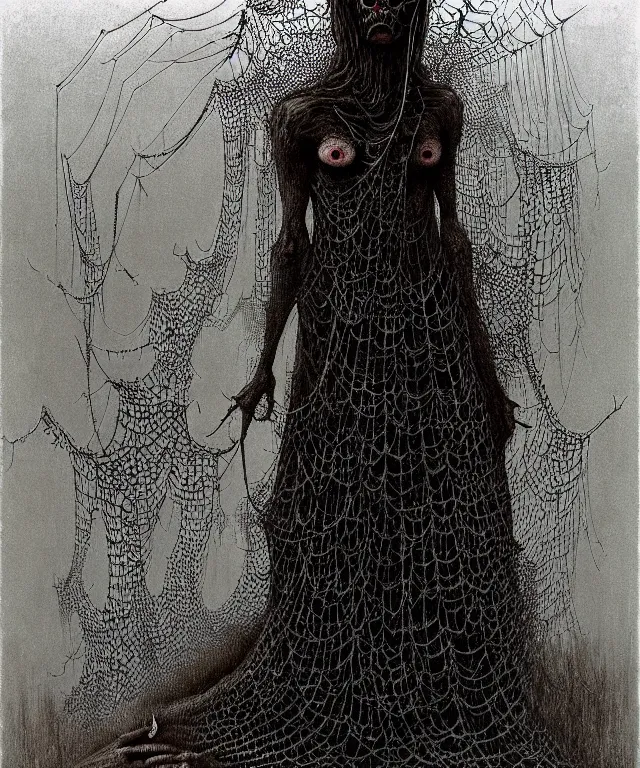Image similar to a woman standing all covered in spiders. illustration of arachnophobia, fear of spiders, incredible amount of spiders and bugs. extremely high details, realistic, horror, creepy, web, masterpiece, art by zdzislaw beksinski, arthur rackham, dariusz zawadzki