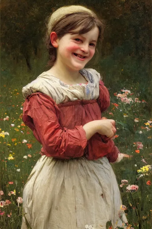 Image similar to Solomon Joseph Solomon and Richard Schmid and Jeremy Lipking victorian genre painting portrait painting of a laughing young village girl in an open field of flowers, red background