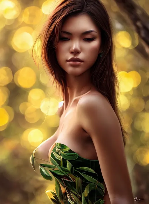 Image similar to photo of a gorgeous female in the style of stefan kostic, realistic, half body shot, sharp focus, 8 k high definition, insanely detailed, intricate, elegant, art by stanley lau and artgerm, extreme bokeh foliage