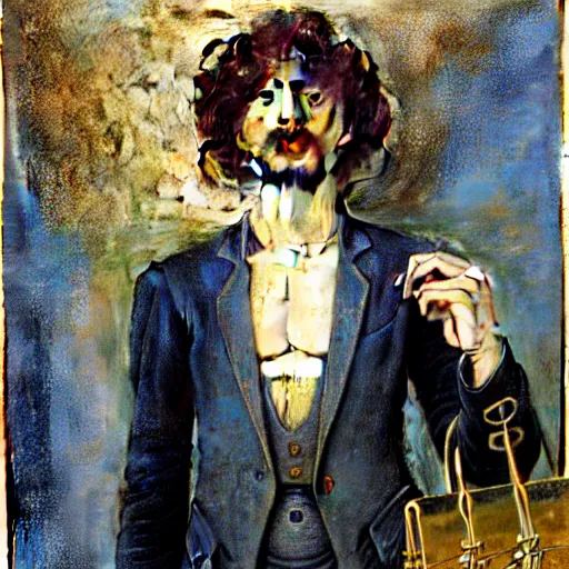 Image similar to realistic extremely detailed portrait painting of. an average. man with his. briefcase .in his. left hand . by Jean Delville, Amano, Yves Tanguy, Alphonse Mucha, Ernst Haeckel, Edward Robert Hughes, Roger Dean, pale muted pastel moody colors, gold eyes