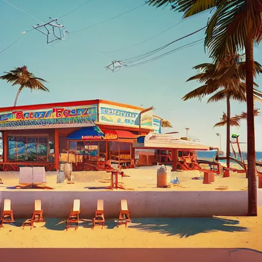 Image similar to inside beachfront fast food restaurant with palm trees by simon stalenhag