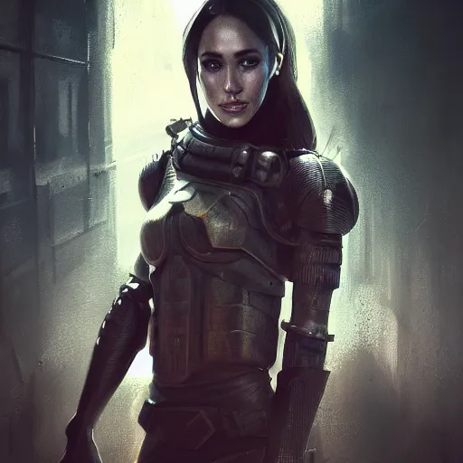 Image similar to megan markle portrait, dystopia core, apocalyptic, armor, warrior, dramatic, sharp focus, fiction, neon, fantasy, hyper detailed, digital art, trending in artstation, cinematic lighting, studio quality, smooth render, unreal engine 5 rendered, octane rendered, art style and nixeu and wlop and krenz cushart