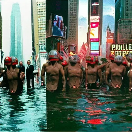 Prompt: still of donald trump clones invading time square, wearing medieval helmets, in american psycho ( 1 9 9 9 ), and still of liminal swimming pools, in american psycho ( 1 9 9 9 )