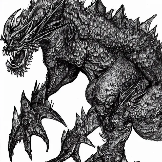 Image similar to Ink drawing of a half-dragon goblin in the style of the AD&D monster manual detailed HD 8k High Resolution