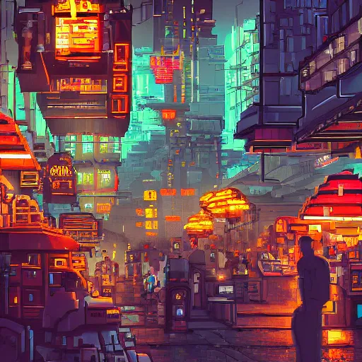 Image similar to fantastic lighting, pixel art, high detail, cyberpunk market, 2 d