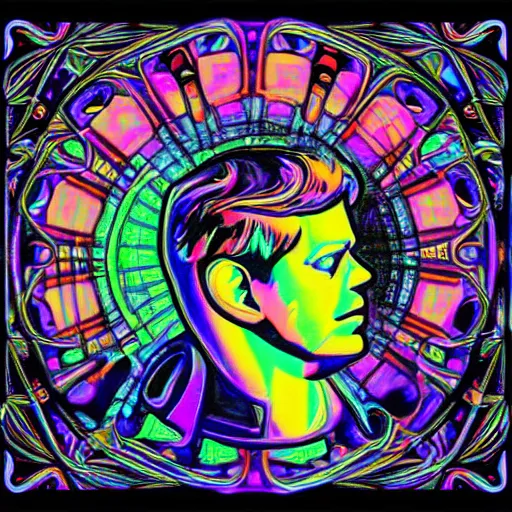 Prompt: JFK, psychedelic, blacklight digital art, Alphonse Mucha