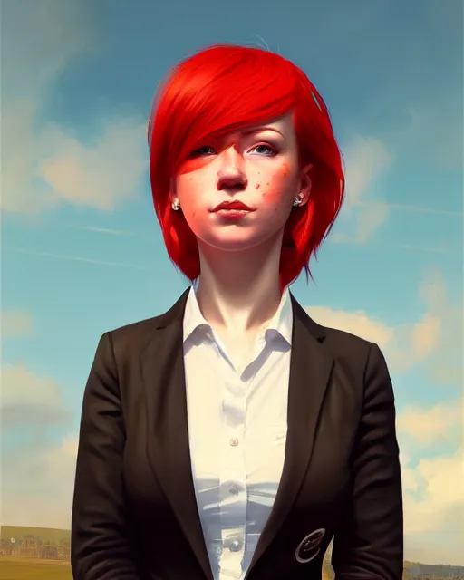 Image similar to a detailed portrait of a pretty!! female president with red hair and freckles, 1 8 0 2, by ilya kuvshinov, digital art, dramatic lighting, dramatic angle