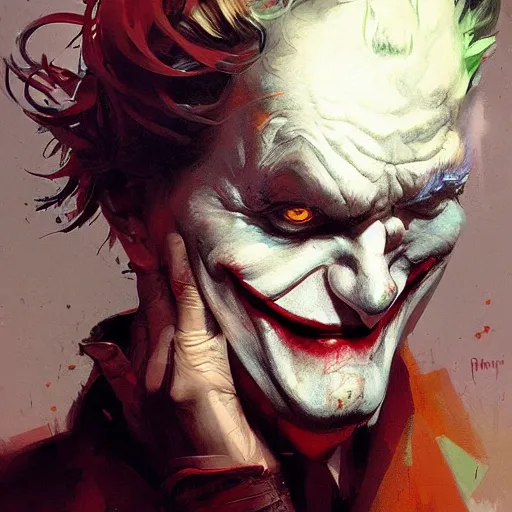 Image similar to joker, dynamic pose, painted by wenjun lin, greg rutkowski