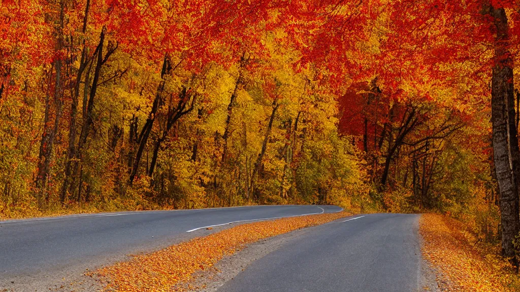 Prompt: a photograph of a country! road! lined on both sides by maple and poplar trees, in the autumn, red orange and yellow leaves, some leaves have fallen and are under the trees and on the road