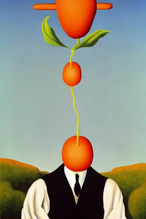 Image similar to Rene Magritte's Son Of Man painting with a floating hotdog blocking the face, the hotdog has a stem and leaves