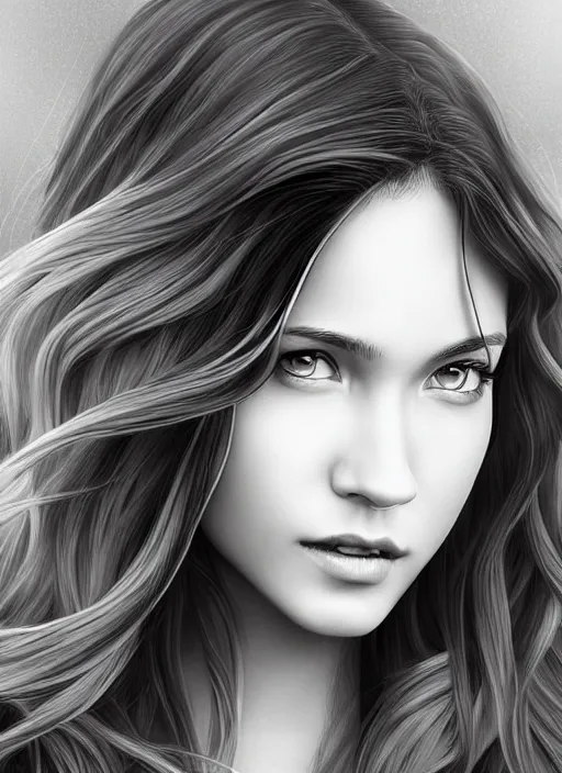 Image similar to full body portrait of a beautiful young woman in black and white, photorealistic, hair down to waist, sharp focus, in the style of Kevin Kostic, Stephen Lau and artgerm, hyper sharp focus, 8k highly detailed