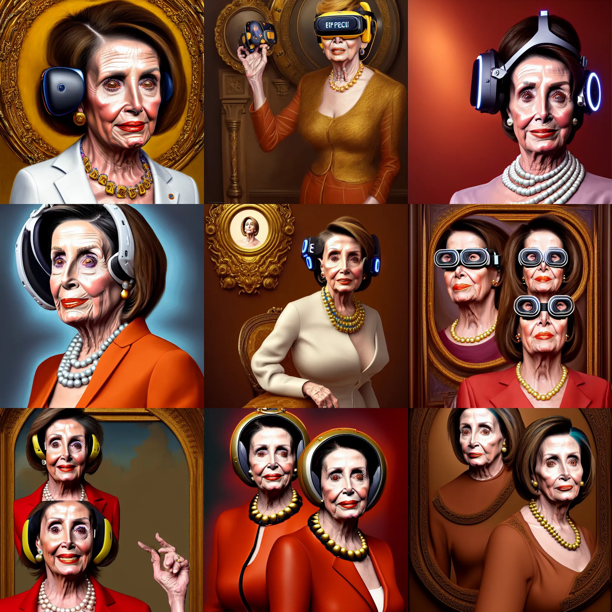 Prompt: epic professional symmetrical digital art of nancy pelosi wearing vr goggles, accent lighting, painted, intricate, detailed, cheery, fun, effervescent, by roberto ferri, epic, stunning, gorgeous, much wow, much detail, cinematic, masterpiece, unreal engine render