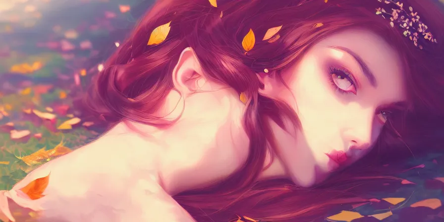 Prompt: Portrait of a beautiful elegant woman colors laying on fallen leaves, sunset, fantasy, anime, warm spring, vibrant, intricate details, trending on ArtStation, Deviantart, by WLOP