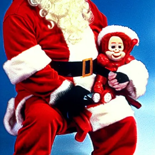 Image similar to santa claus holding chucky the killer doll from the movie child's play