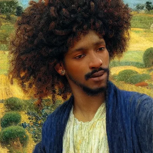 Image similar to east african man with curly hair, fedosenko roman, j. w. godward, jose miguel roman frances, intricate details, countryside, dreamy, impressionist, figurative